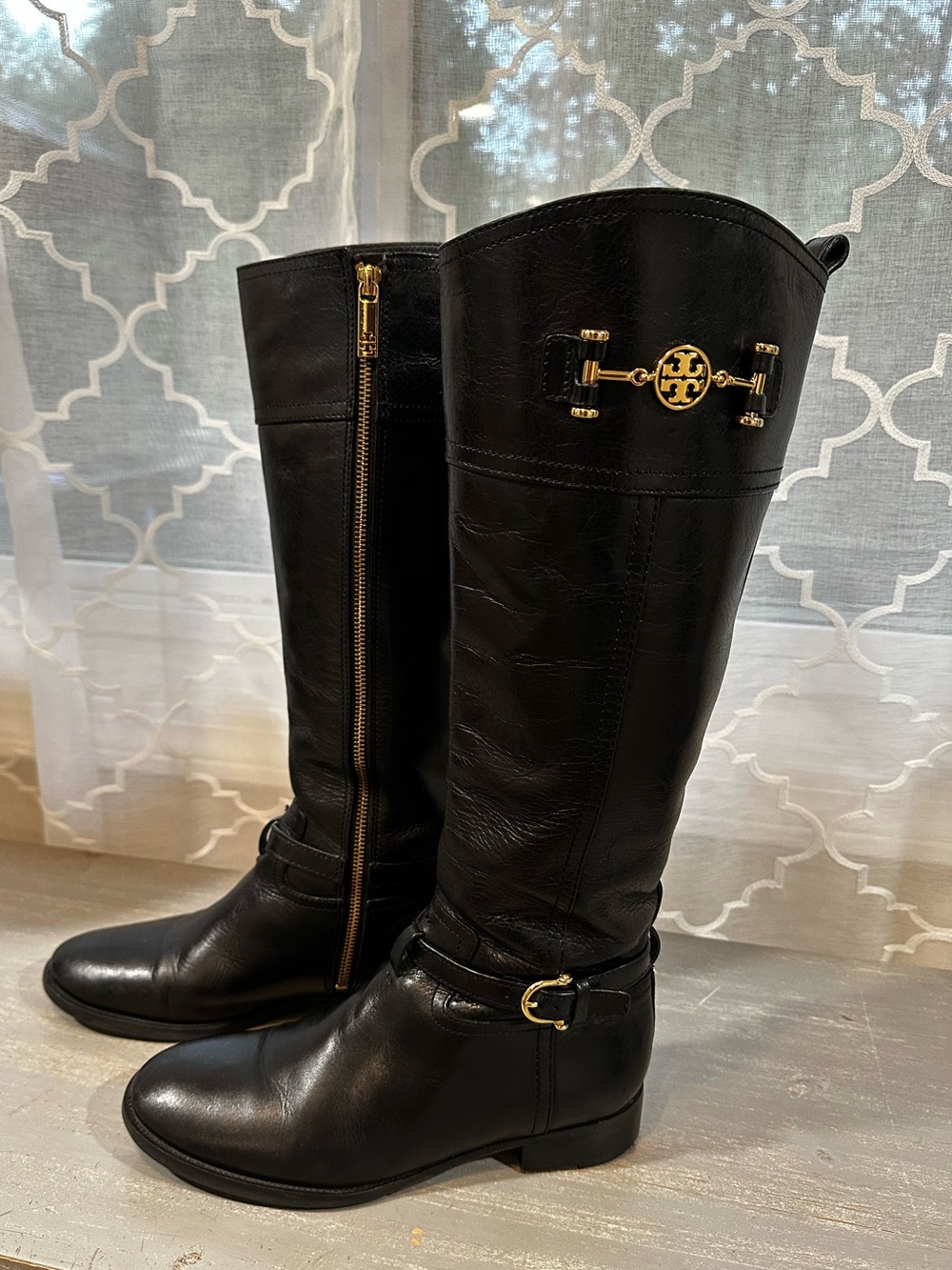 Tory Burch Nadine Black Leather Knee High Riding Boots Gold Logo Medallion 8